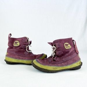 Sorel Joplin Boots Stitched Lace-Up Moccasins Sz 9 Women's Purple / Lime As Is